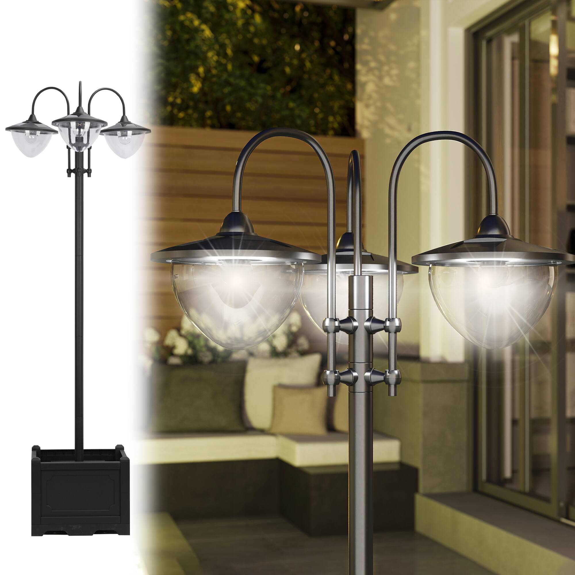 Front. Outsunny - 74.5" 3-head Solar Lamp Post Street Light with Planter, Solar Pole Lights Outdoor Waterproof LED Lighting - Black.