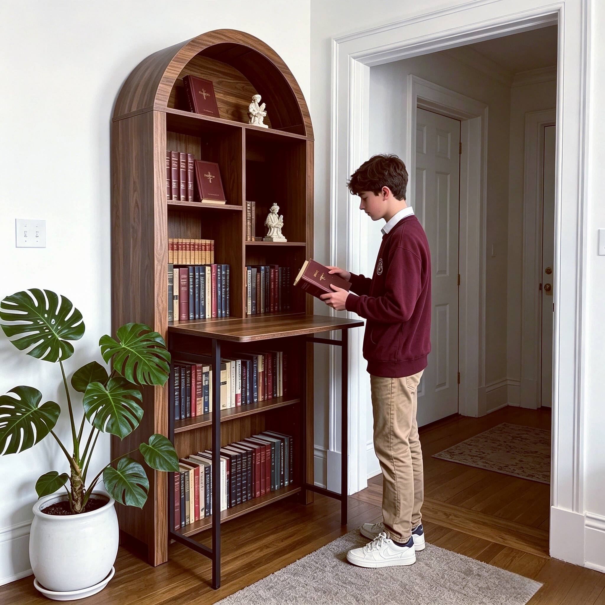 Alt View 7. Bestier - Bookshelf With Fold Down Hidden Desk, Hideaway Desk with Storage Hutch, 71in Space-Saving Storage Cabinet - Walnut.
