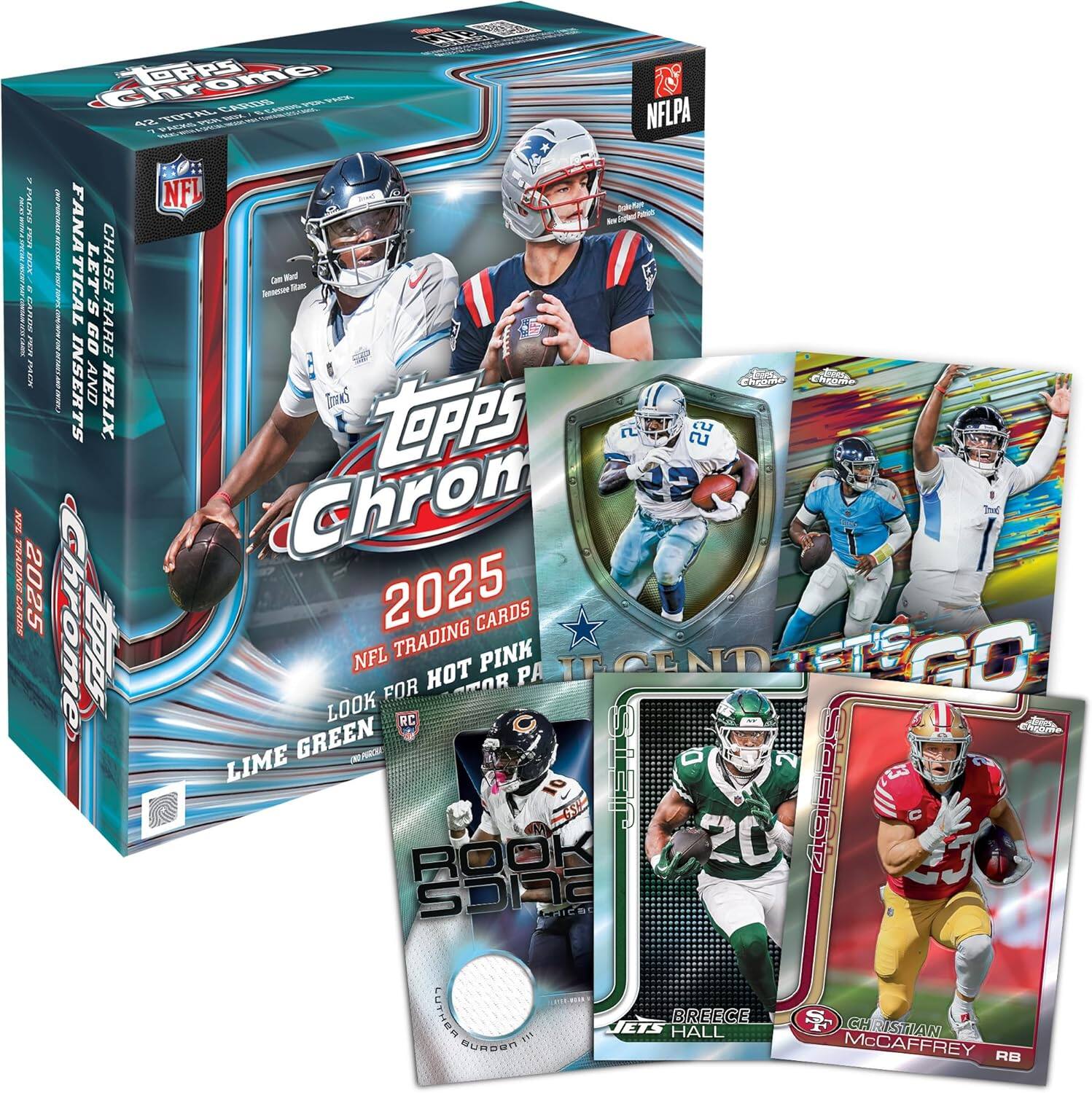 ! : ! I AOS I I AFL NIOVE 2025 CARDS C  OPPS hromes ErE CARES Ce NFLPA A TIIA F TE - V NFL FANATICA LET'S CHASE -n De Red Ia GO RARE 1m AND CRONAP  INSERTS HELIX  TPPS   a Chron SC 2025 CARDS hrome LPE GREEN LOOK NFL FOR TRADING RC HOT SPOR PINK PA LIME NAR D 2 10 ARIN  ROOK 20 SDINE Cales Cha 2 2 2J LUYHER 21 URDEN BREECE JETS HALL  C FISTIAN McCAFFREY RB

Topps Chrome 2025 NFL Trading Cards
Look for Hot Pink and Lime Green
Chase's Go Helix
Fanatical Inserts and Chase's Rare Helix
Legend's Go
Rookie Cards
Breece Hall
Christian McCaffrey RB