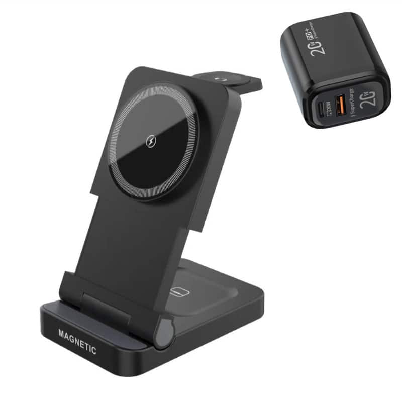 SKRAN - 3-in-1 Folding Desktop Charger with Charging Port - Magnetic Wireless Charger for Apple, MagSafe Wireless Charging - Black