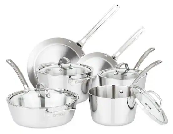 Angle. Viking - Contemporary 3 Ply 10 Piece Cookware Set- Mirror - Stainless Steel.