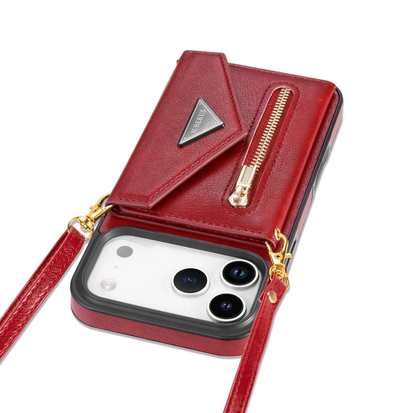 Alt View 2. UUCOVER - Wallet Case for Apple iPhone 17 Pro Max with Card Slots Holder, Zipper Pocket and Shoulder Strap, Flip Kickstand Cover - Red.