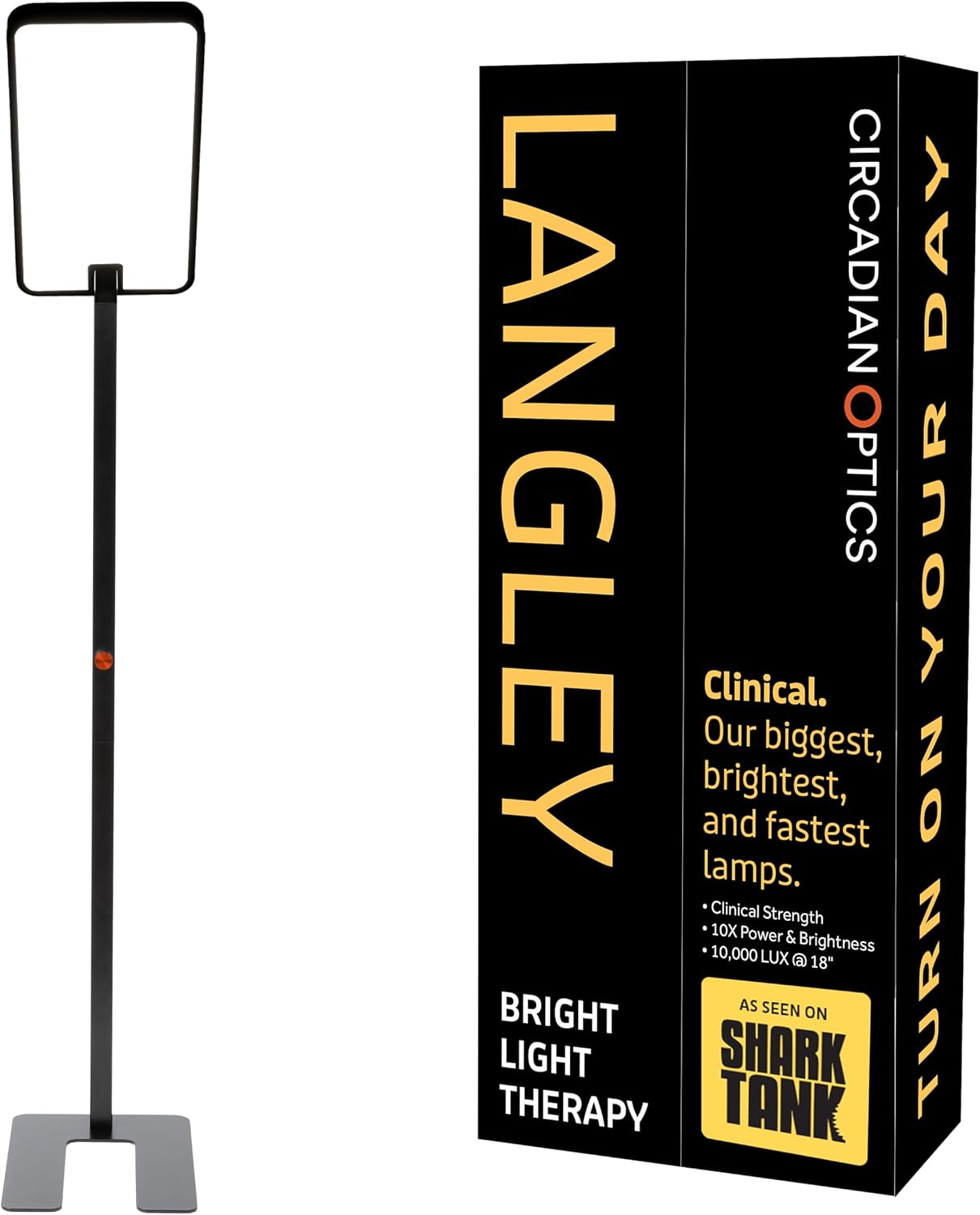 CIRCADIAN LANGLEY OPTICS  
YOUR TURN ON  
Clinical.  
Our biggest, brightest, and fastest lamps.  
Clinical Strength  
10X Power & Brightness  
10,000 LUX @ 18"  
BRIGHT LIGHT THERAPY  
AS SEEN ON SHARK TANK