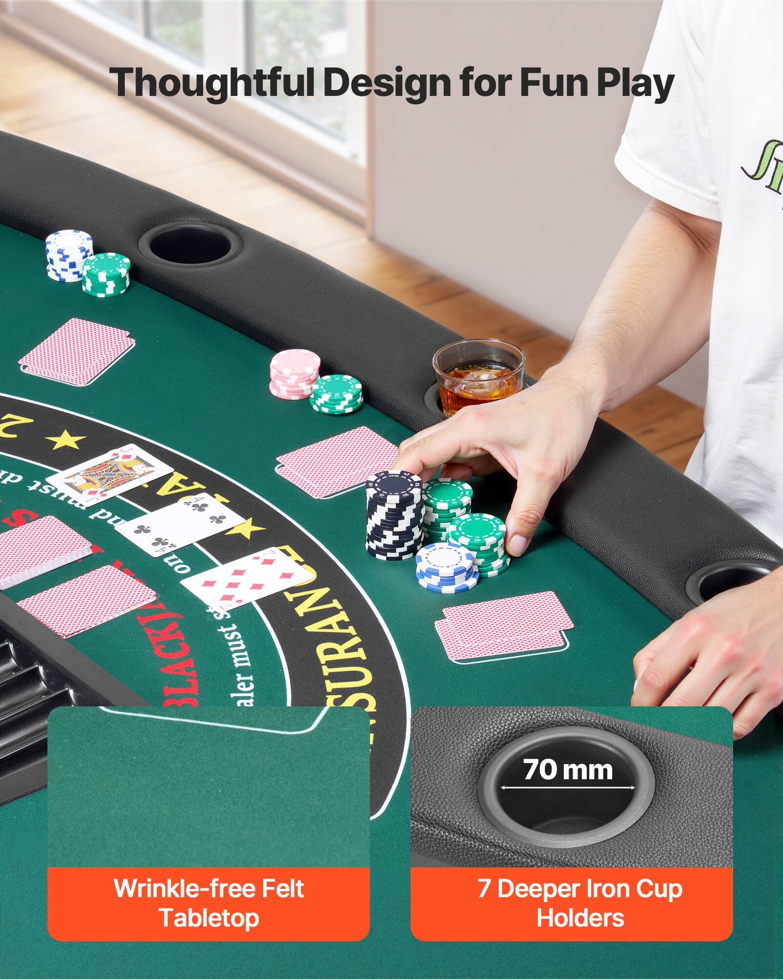 Thoughtful Design for Fun Play, 70 mm, Wrinkle-free Felt Tabletop, 7 Deeper Iron Cup Holders