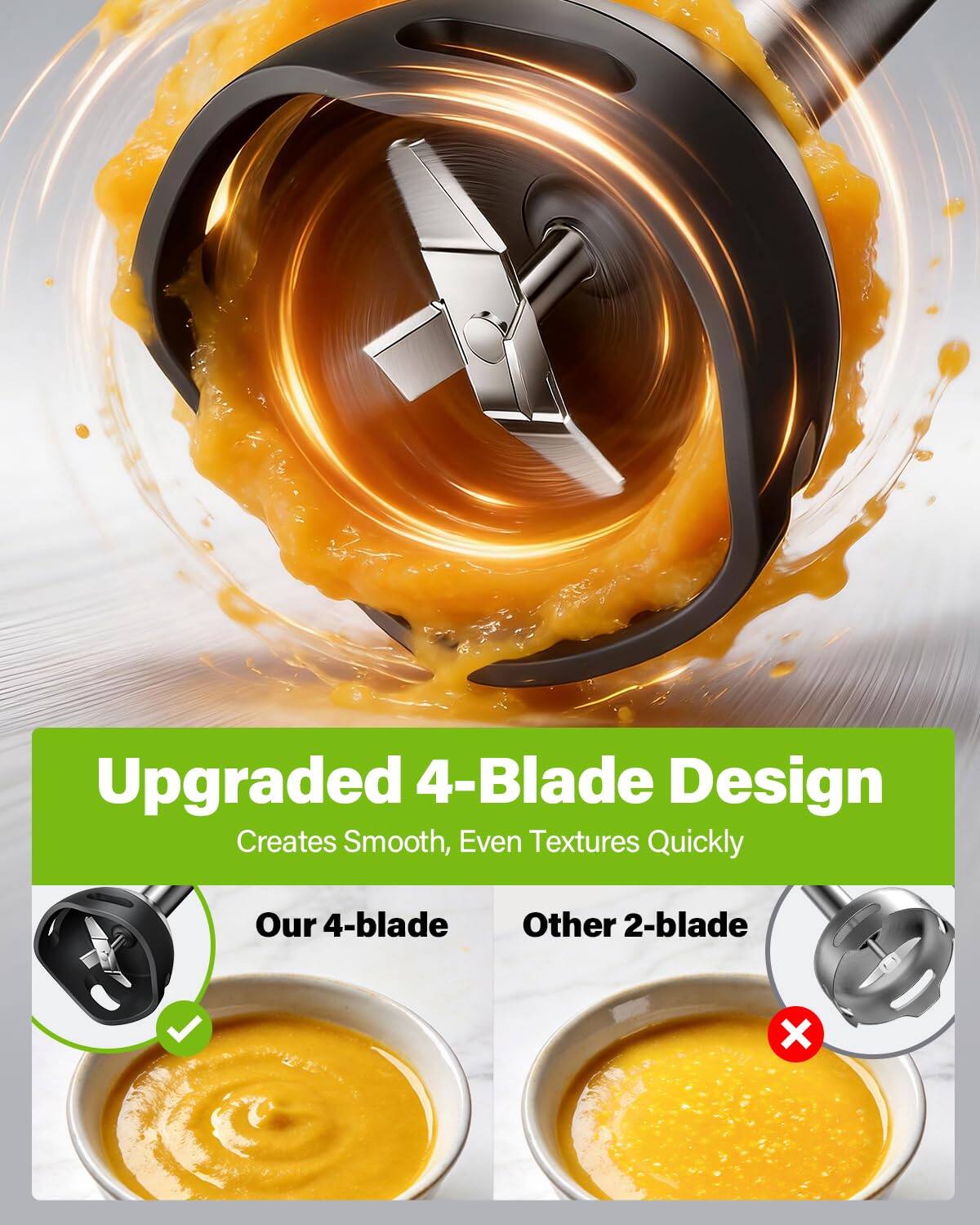 Upgraded 4-Blade Design  
Creates Smooth, Even Textures Quickly  

Our 4-blade  
Other 2-blade