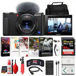 Sony - ZV-1 Digital Camera + 64GB Card + Case + Extra Battery + Software (International Model) - Black