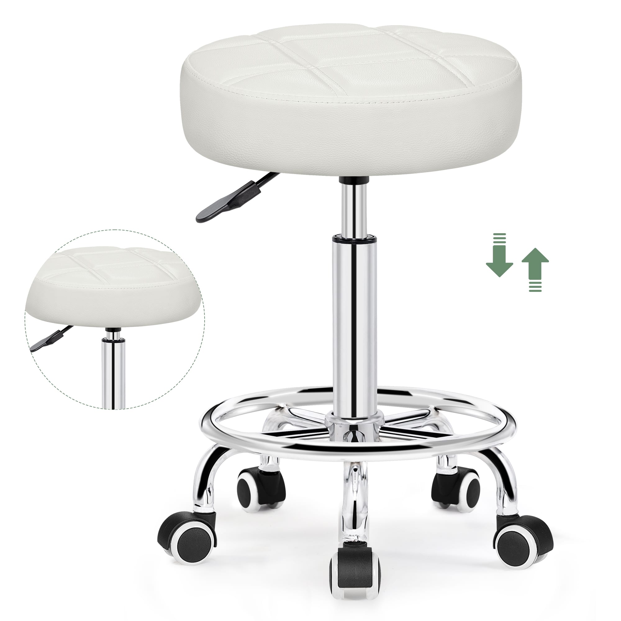 Brick Attic - Rolling Stool with Wheels,PU Leather Small Office Chair with Foot Rest,Versatile Adjustable Swivel Stool for Office Home - White