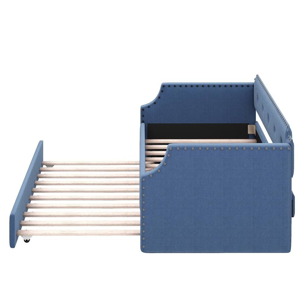 Alt View 9. Loheer - Loheer Twin Upholstered Daybed with Trundle Blue Linen Sofa Bed - Blue.