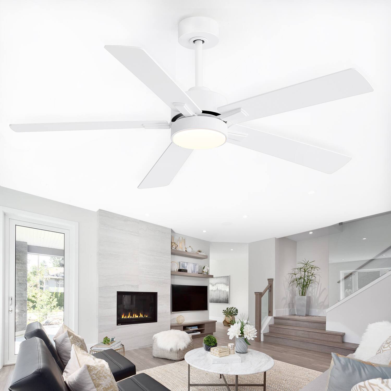 Back. Breezary - 52" Modern Indoor Ceiling Fan with LED Light, 5 Reversible Plywood Blades, 6-Speed DC Motor, Remote, Timer, 5" Downrod - White.