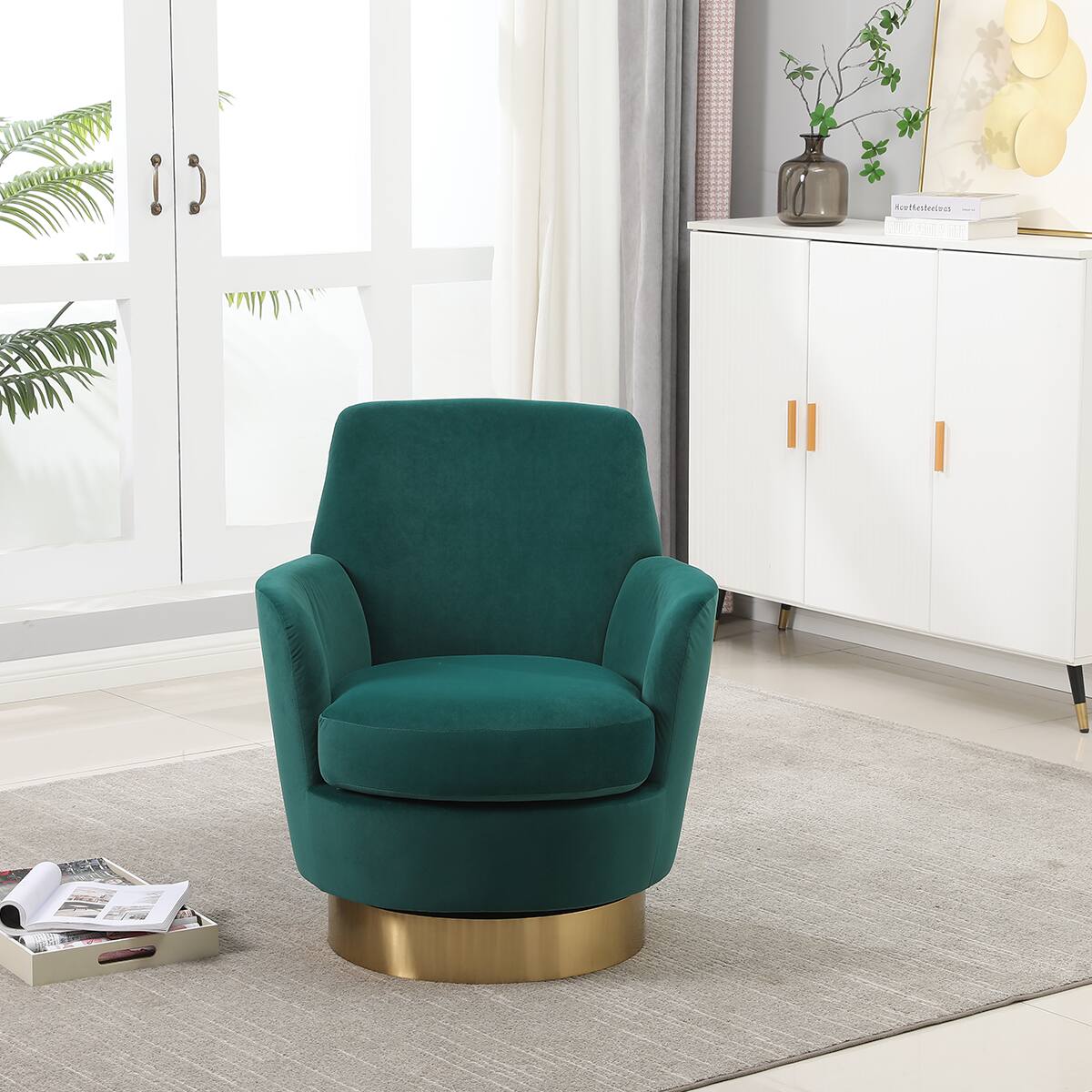 Alt View 1. Trinkets Crazed - Swivel Barrel Chair,Modern Comfy Velvet Upholstered Round Swivel Accent Chairst,360 Degree Single Sofa Chair Armchair - Emerald.