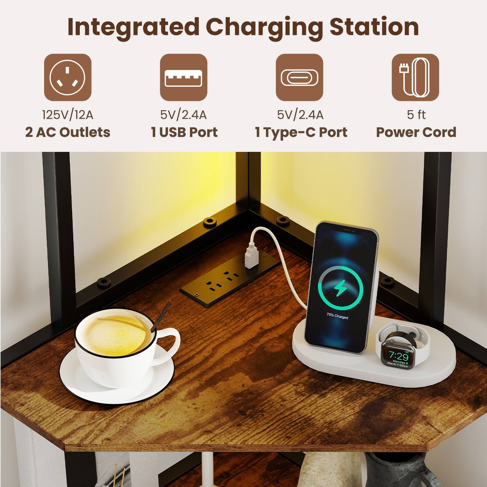 Integrated Charging Station  
125V/12A  
2 AC Outlets  
5V/2.4A  
1 USB Port  
5V/2.4A  
1 Type-C Port  
5 ft Power Cord  
75% Charged  
7:29  
SEACINU