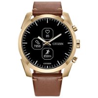 Citizen - CZ Smart Unisex Hybrid 42.5mm Goldtone IP Stainless Steel Smartwatch with Brown Leather Strap - Gold - Front_Zoom
