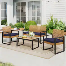 SUMMIT LIVING - 4-Piece All-Weather Rattan Patio Furniture Set, Outdoor Conversation Set with Wood Table - Yellow & Navy Blue