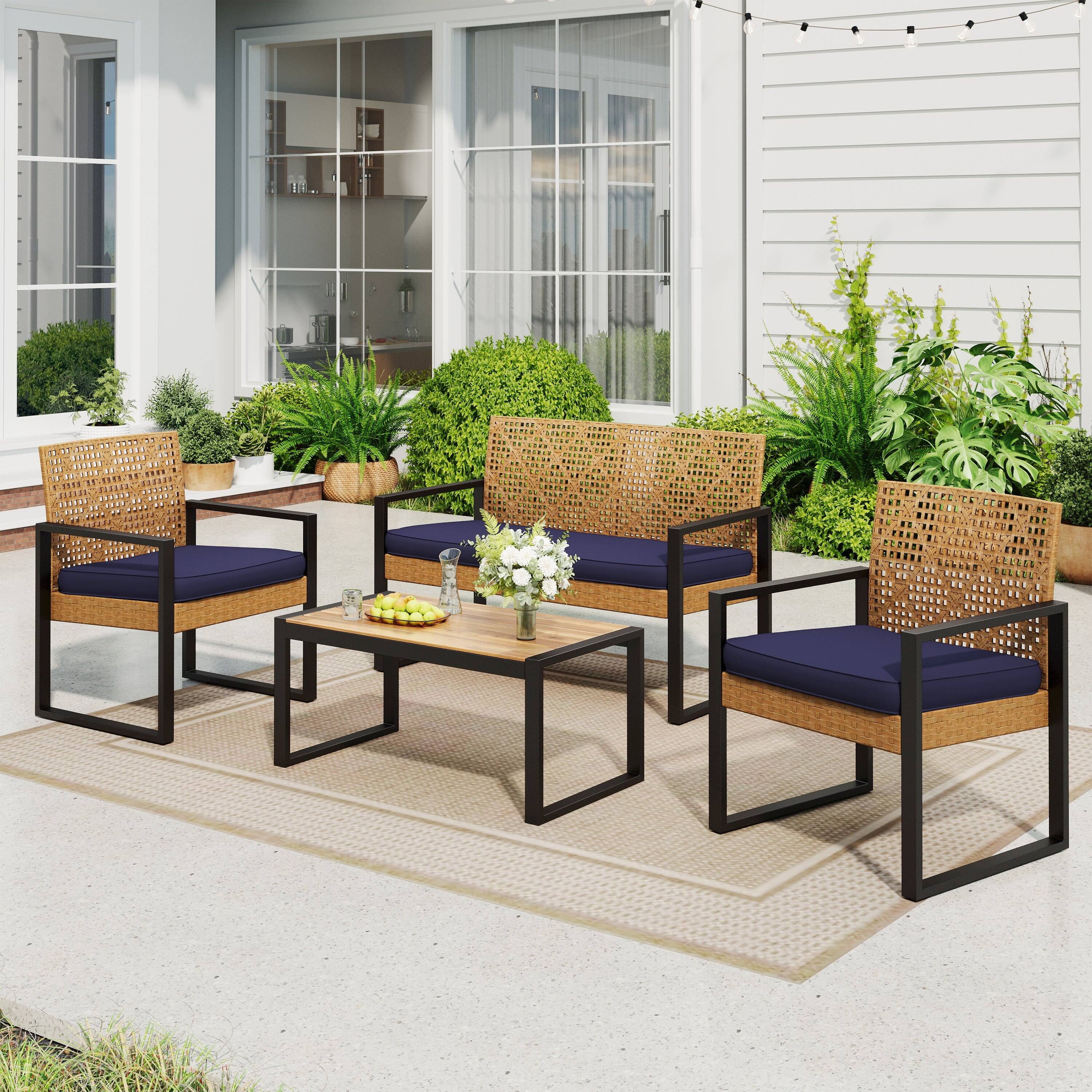 Front. SUMMIT LIVING - 4-Piece All-Weather Rattan Patio Furniture Set, Outdoor Conversation Set with Wood Table - Yellow & Navy Blue.