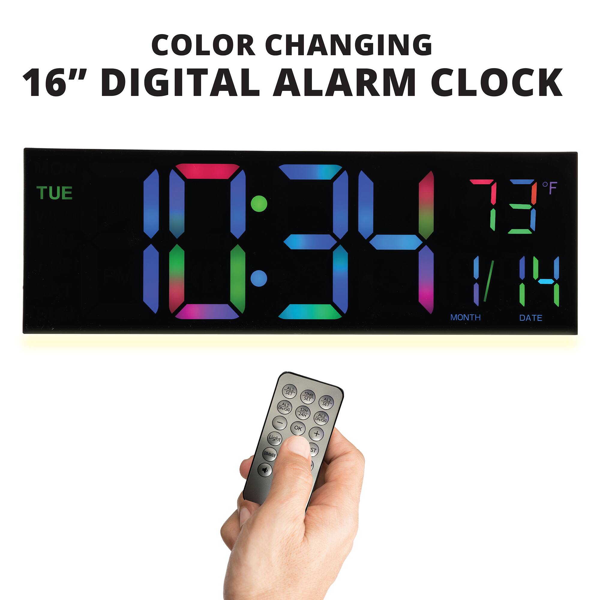 COLOR CHANGING 16" DIGITAL ALARM CLOCK

TUE

F 13 MONTH DATE

PLUT 583 TIME SET ALL ALT SET cruber MSZ ARS FL2 OVO OK Light ST ENNIS