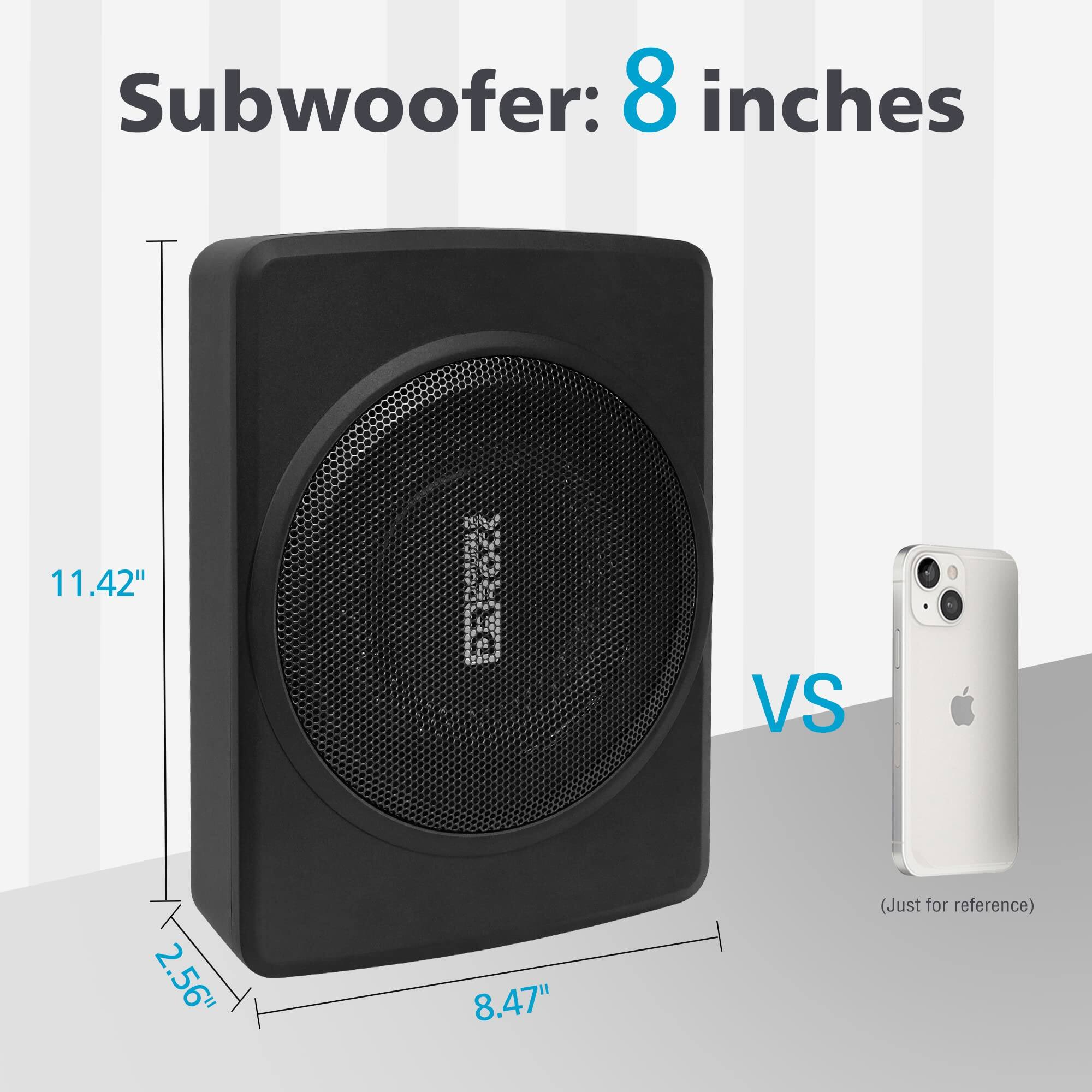 Subwoofer: 8 inches

11.42"  
2.56"  
8.47"  

(Just for reference)