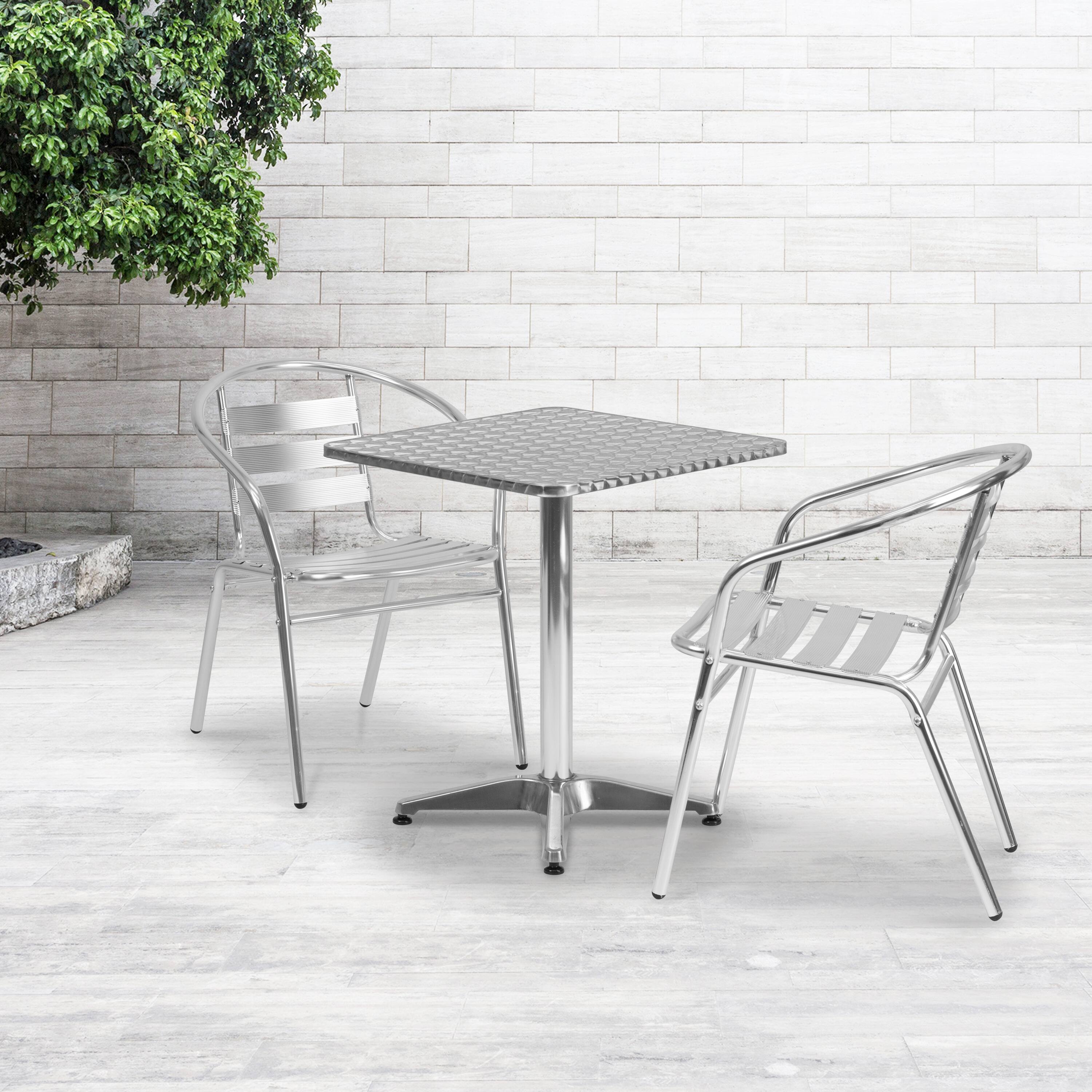 Alt View 1. Emma + Oliver - 23.5'' Square Aluminum Indoor-Outdoor Table Set with 2 Slat Back Chairs - Aluminum.