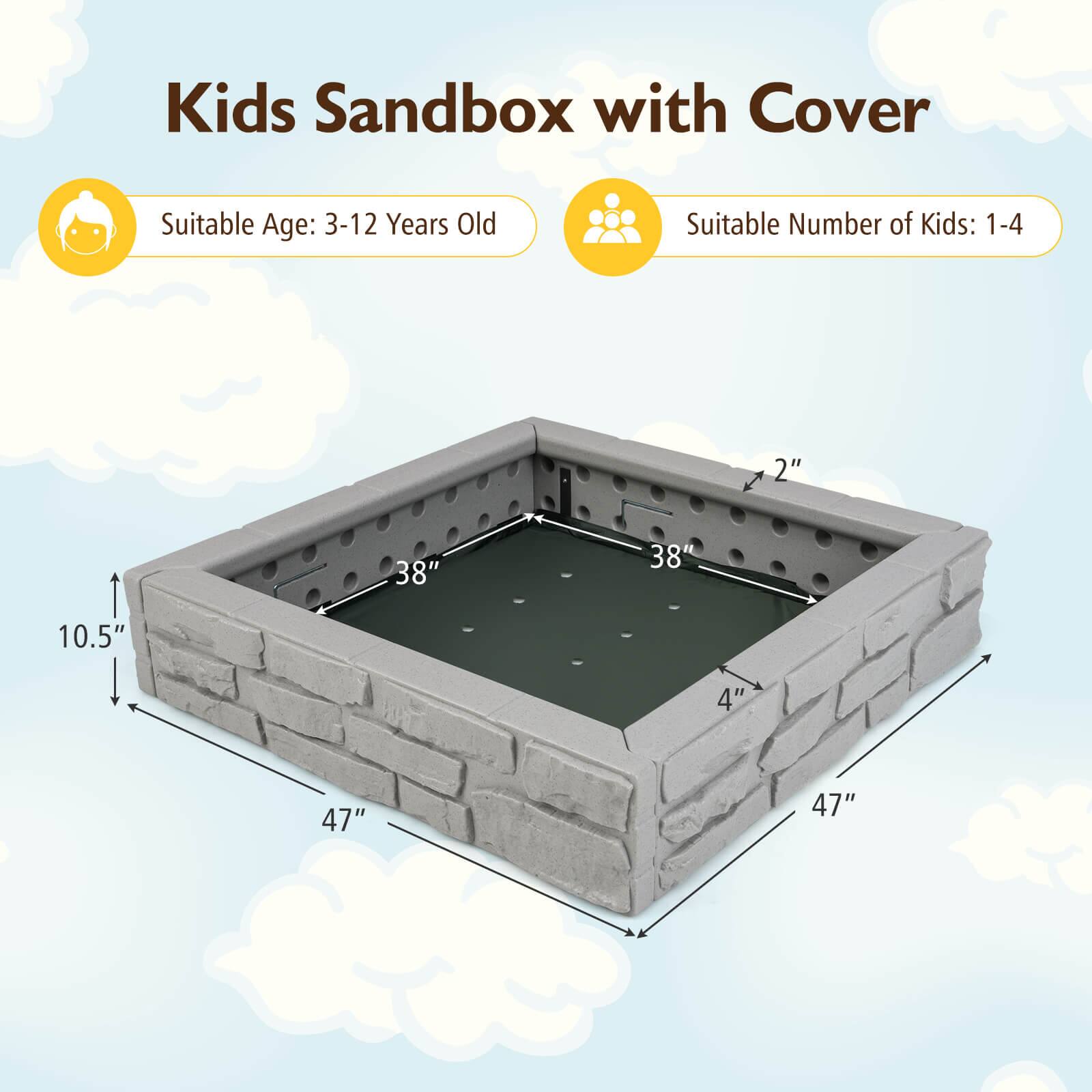Kids Sandbox with Cover

Suitable Age: 3-12 Years Old

Suitable Number of Kids: 1-4

Dimensions:
- Length: 47"
- Width: 38"
- Height: 10.5"
- Depth: 4"
- Cover Height: 2"