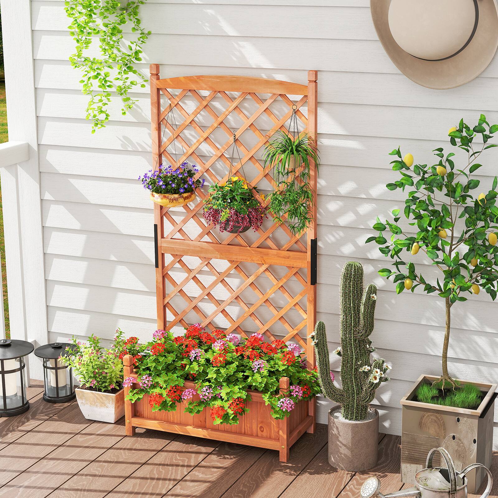 Alt View 3. Gymax - Gymax 60'' Tall Raised Garden Bed w/ Diamond Lattice Trellis Drainage Holes Outdoor - Orange.
