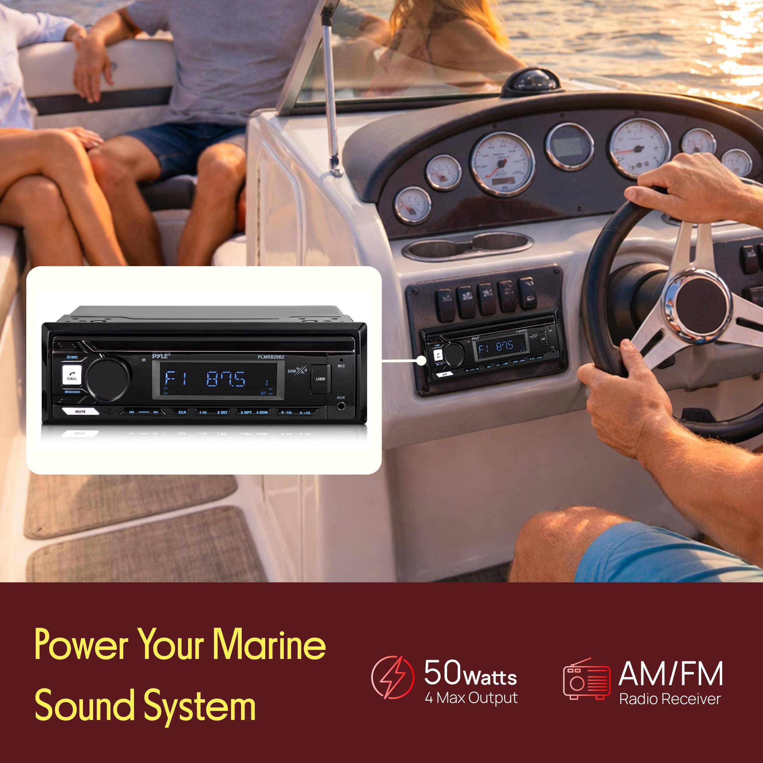 - PYLE
- PWRPRO2
- 50 Watts
- 4 Max Output
- AM/FM Radio Receiver

Power Your Marine Sound System