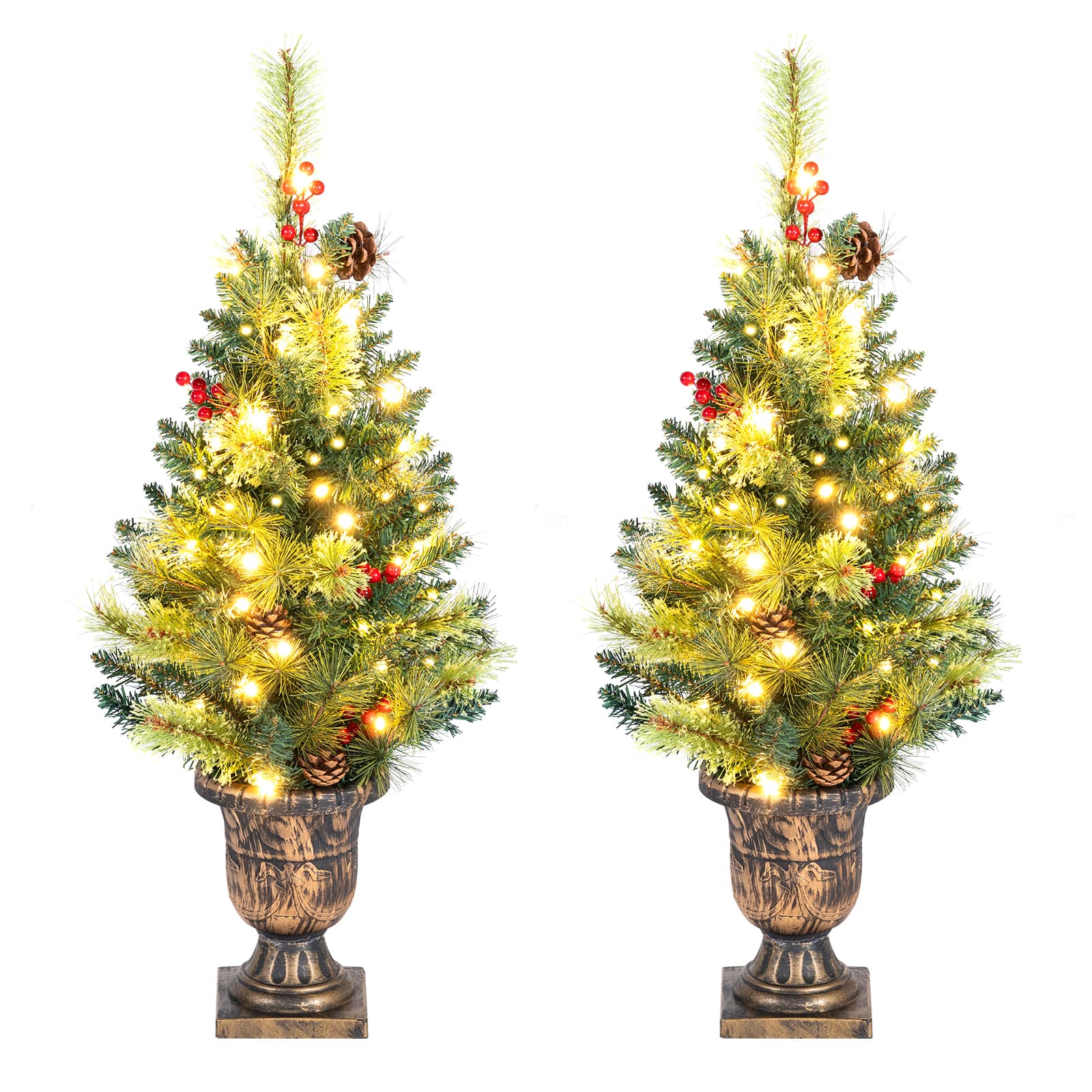 Costway - 2PCS 3 ft Artificial Xmas Tree with 100 Branch Tips, 6 Pine Cones, 40 LED Lights 2 pcs - Green
