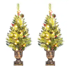 Costway - 2PCS 3 ft Artificial Xmas Tree with 100 Branch Tips, 6 Pine Cones, 40 LED Lights 2 pcs - Green