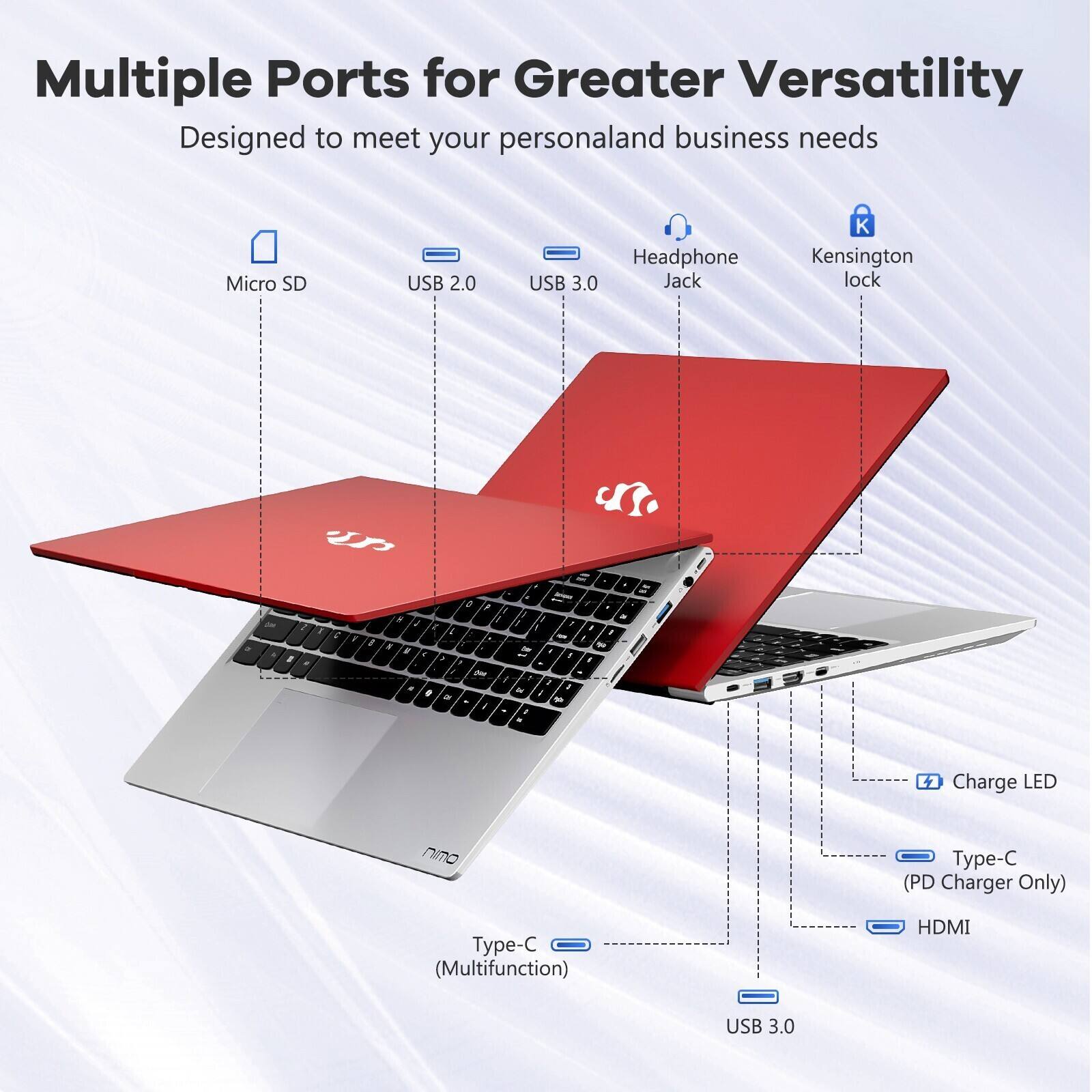 Multiple Ports for Greater Versatility  
Designed to meet your personal and business needs  

- Micro SD  
- USB 2.0  
- USB 3.0  
- Headphone Jack  
- Kensington lock  
- Charge LED  
- Type-C (PD Charger Only)  
- Type-C (Multifunction)  
- HDMI  
- USB 3.0