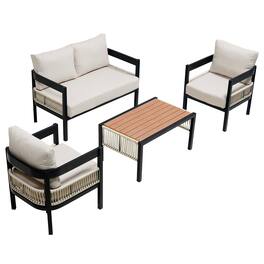 Mondawe - Outdoor Iron Sofa Set with A table, Rattan Decoration - Beige