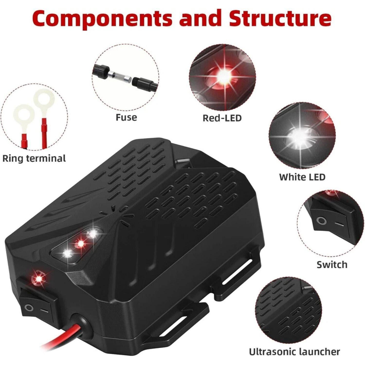 Components and Structure

- Ring terminal
- Fuse
- Red-LED
- White LED
- Switch
- Ultrasonic launcher
