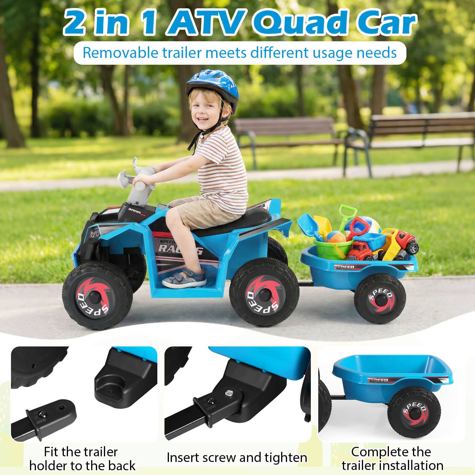 2 in 1 ATV Quad Car  
Removable trailer meets different usage needs  

Fit the trailer holder to the back  
Insert screw and tighten  
Complete the trailer installation
