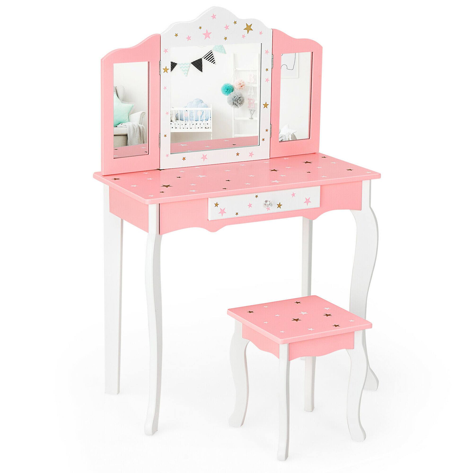 Gymax - Kids Vanity Princess Makeup Dressing Table Chair Set W/ Tri-folding Mirror - Pink