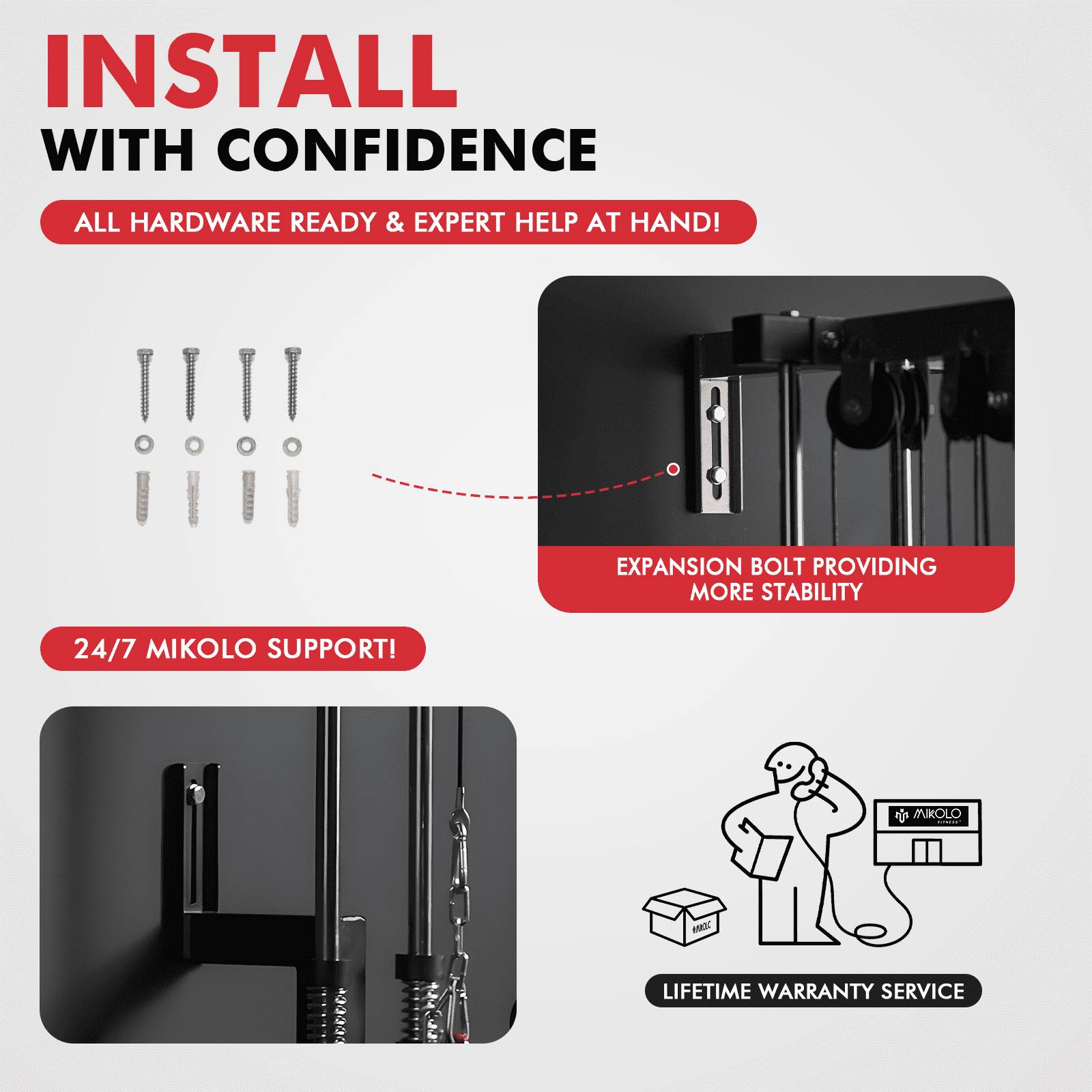 INSTALL WITH CONFIDENCE
ALL HARDWARE READY & EXPERT HELP AT HAND!
EXPANSION BOLT PROVIDING MORE STABILITY
24/7 MIKOLO SUPPORT!
MIOLO I - LIFETIME WARRANTY SERVICE