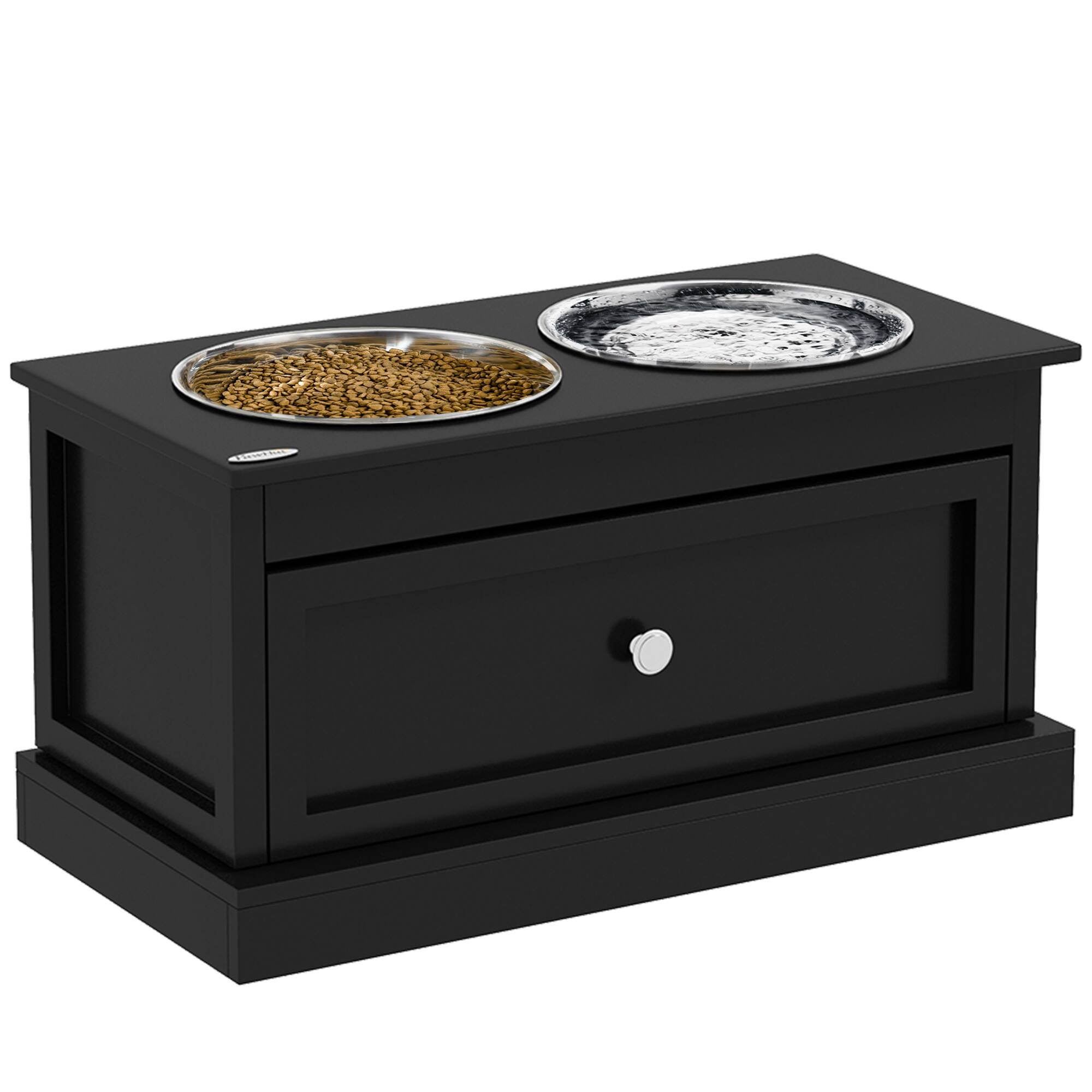 Pawhut - Large Elevated Dog Bowls with Drawer Containing 11L Capacity, Bowl Stand, Food Bowl, Feeding Station - Black