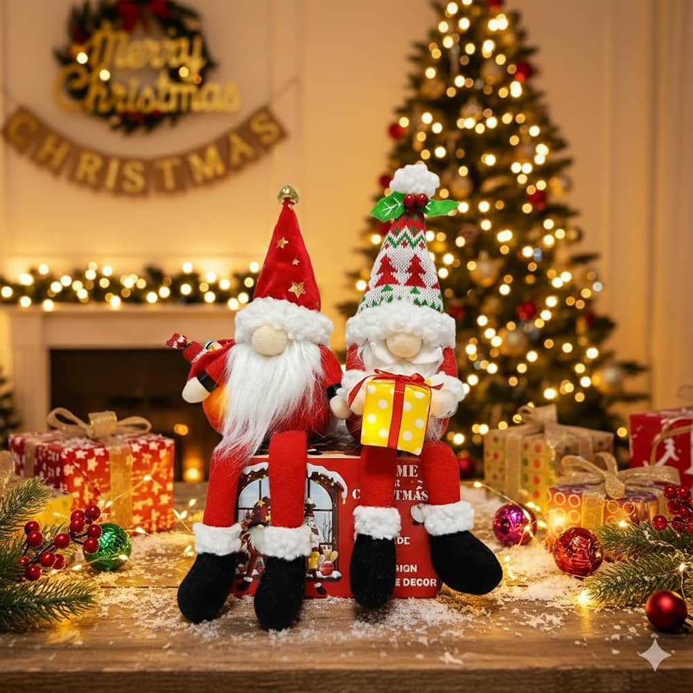 RTMB - 12" Light-Up Christmas Gnome Decorations, 2-Pack Handmade Plush Tomte Elf Dolls for Tabletop, Mantle, or Tree - Red Length Leg 2pack