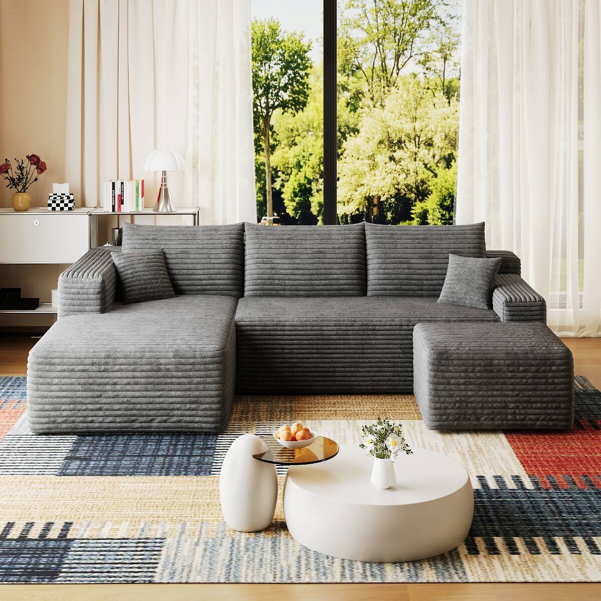 Alt View 2. Ropilly - Ropilly 95 Inch U Shaped Sectional Sofa with Ottoman, Modern Minimalist Dark Grey Corduroy Couch - Dark Grey.