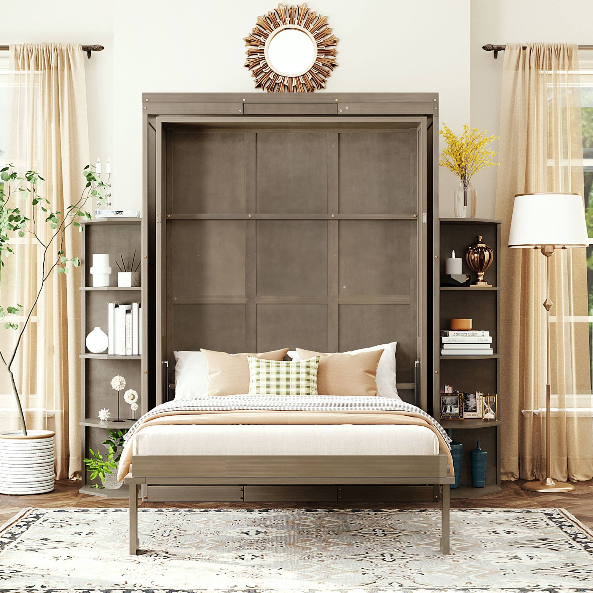 Angle. Anysun - Rotating Queen Murphy Bed - Hidden Wall Cabinet, 3-Tier Shelves, Convertible Desk, Space-Saving System for Home Office - Gray.