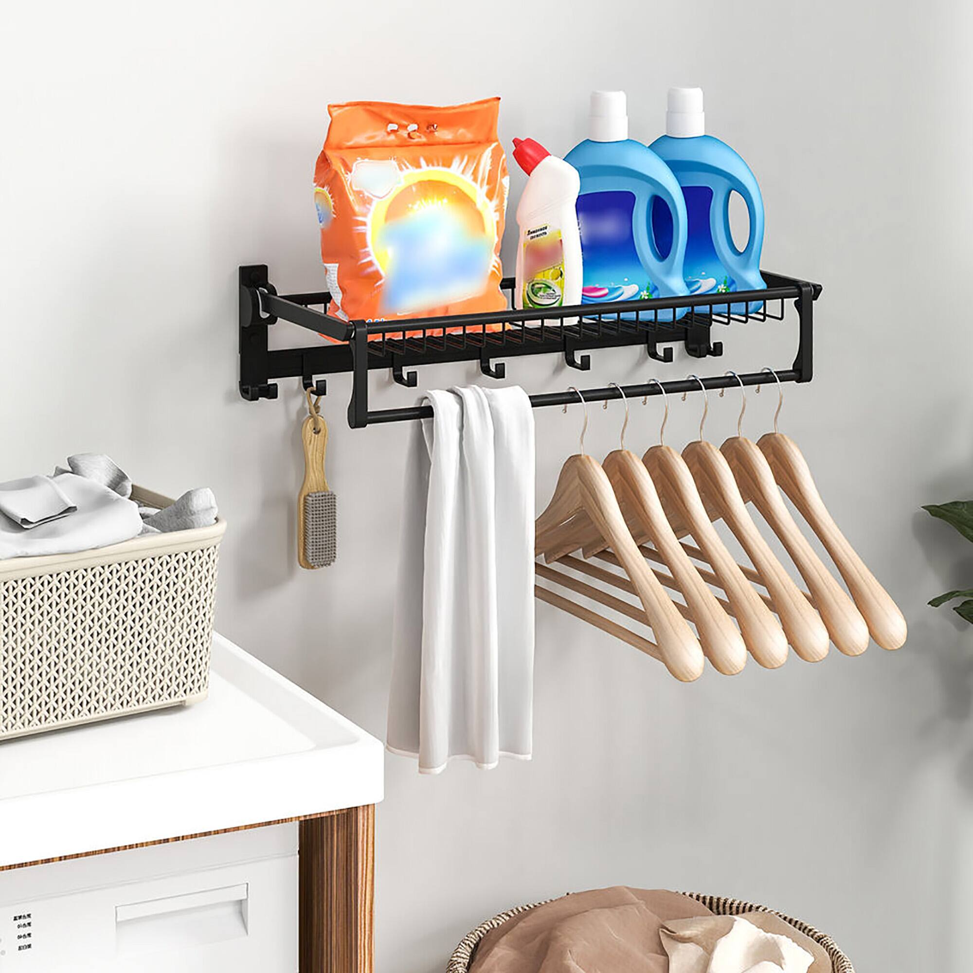 Alt View 4. Gymax - Gymax Wall Mounted Foldable Towel Rack w/ Adjustable Towel Bar & Movable Hooks Black - Black.