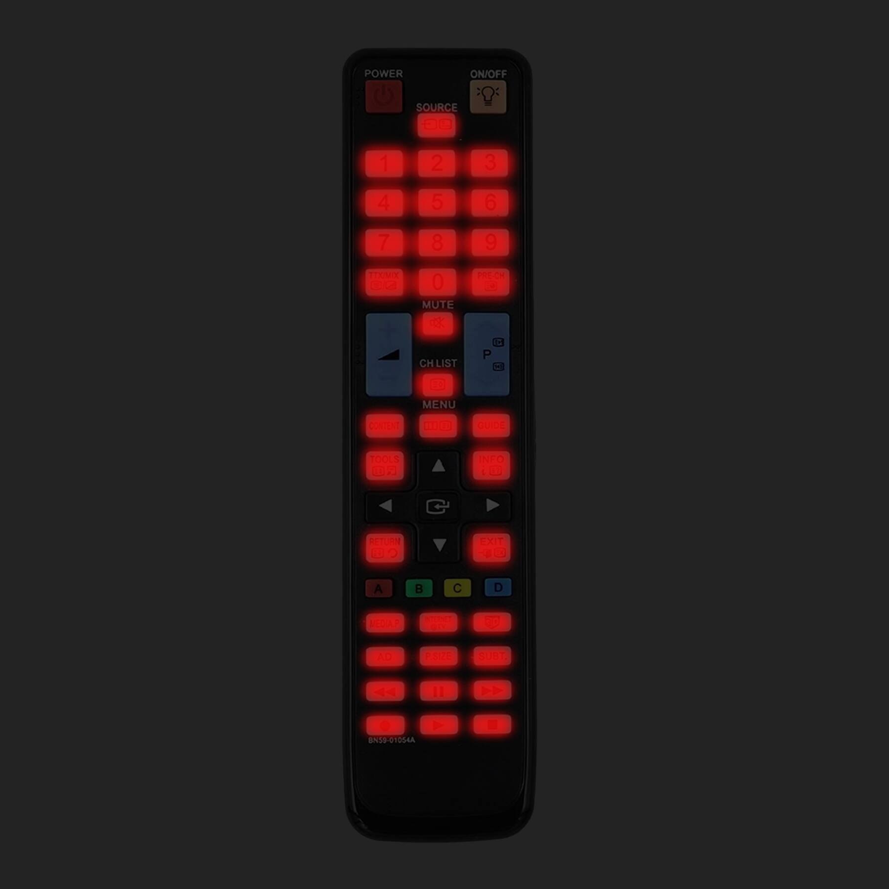 POWER ON/OFF  
SOURCE 1 2 3 4 5 6 7 8 9  
TUNER  
MUTE  
CH LIST  
MENU  
GUIDE  
TOOLS  
INFO  
RETURN  
EXIT  
A B C D  
0 1 2 3 4 5 6 7 8 9  
SUBT  
BN59-01054