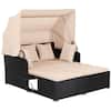 Front. Costway - Patio Rattan Daybed Lounge Retractable Top Canopy Side Tables Cushions - Black + Beige.