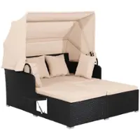 Costway Patio Rattan Daybed Lounge Retractable Top Canopy Side Tables Cushions - Black + Beige - Front_Zoom