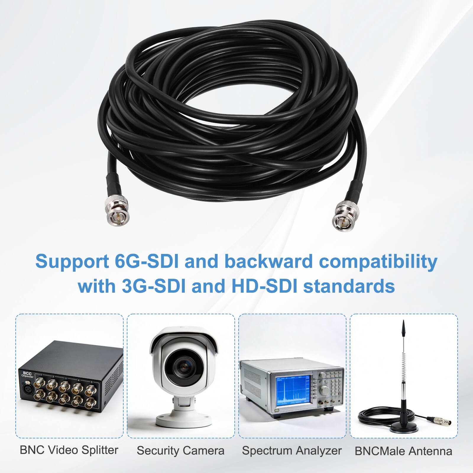 Support 6G-SDI and backward compatibility with 3G-SDI and HD-SDI standards

- BNC Video Splitter
- Security Camera
- Spectrum Analyzer
- BNC Male Antenna