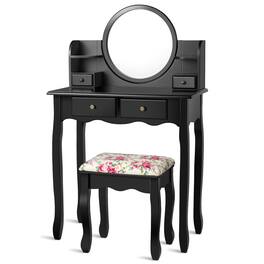 Costway - Makeup Vanity Table Set Drawers Oval Dressing Table - Black