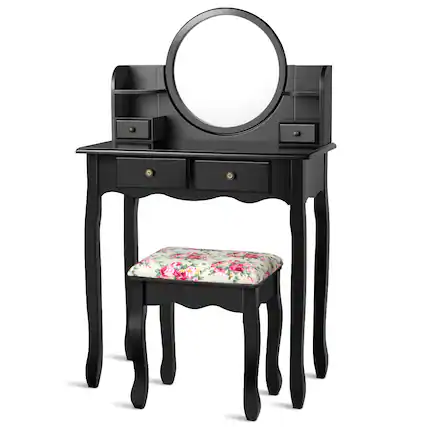 Front. Costway - Costway Makeup Vanity Table Set Drawers Oval Dressing Table - Black.