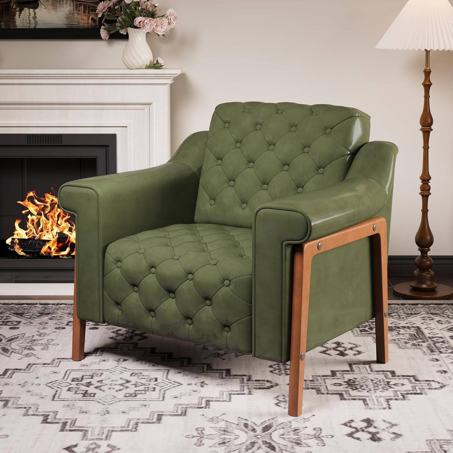 Front. Tiramisubest - Cozy Accent Chair,PU Leather Modern Living Room Chairs,Mid-Century Office Reading Chair,Single Sofa (Green) - Green.