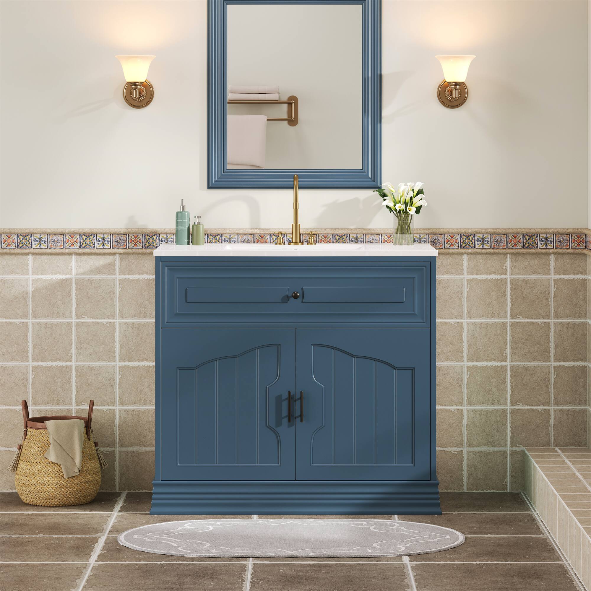 Angle. Tiramisubest - 36" Bathroom Vanity with Ceramic Sink, Bathroom Vanities Cabinet, Bathroom Storage Cabinet - Blue.
