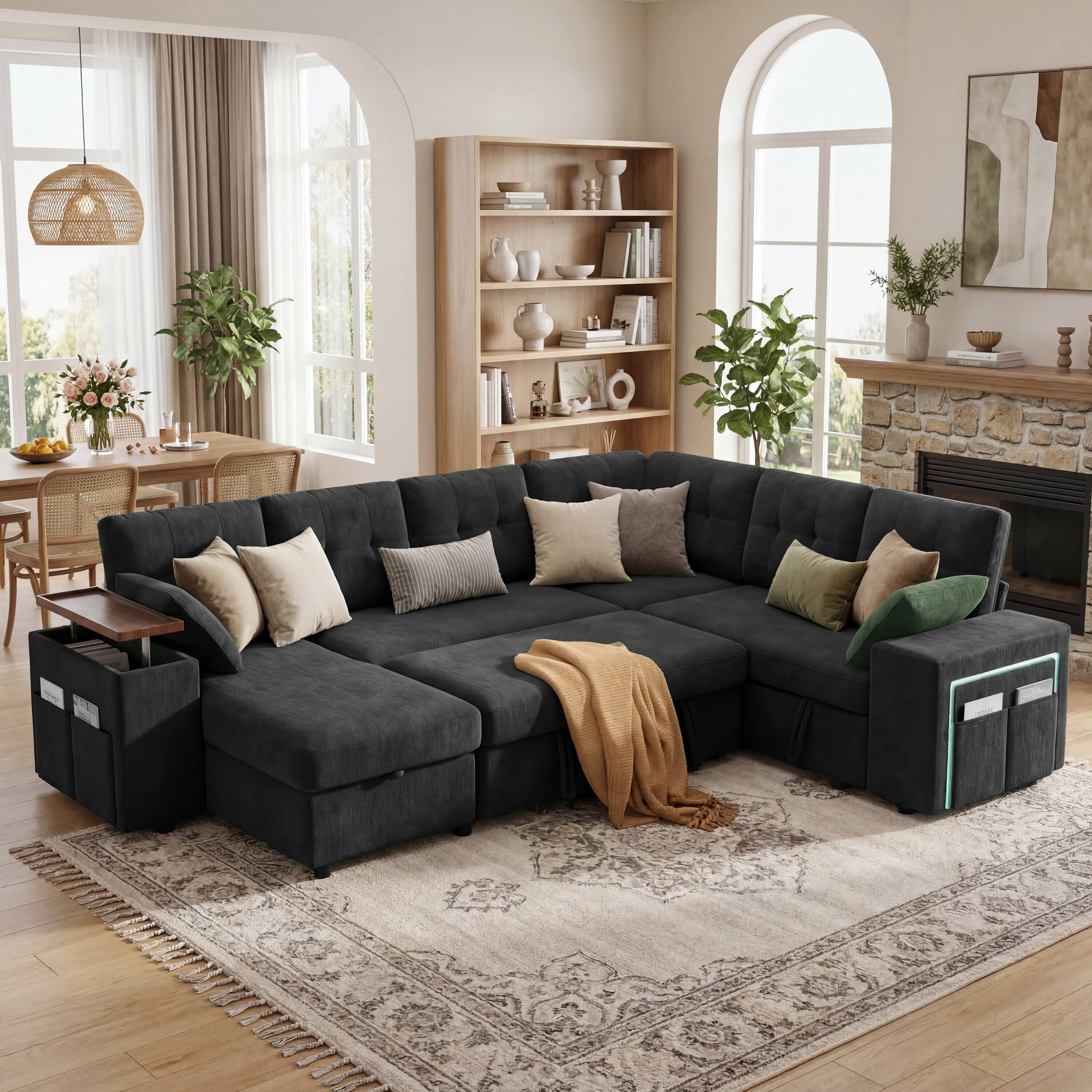Alt View 1. Dyonery - 8-Seat Modular Sectional Sleeper Sofa with Pull-Out Bed, Reclining Backrest, USB Ports, Table, LED Lights,Black - Black.
