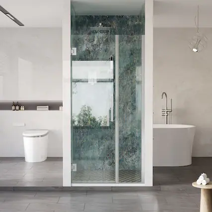 Front. WELLFOR - 34–35 in. W x 72 in. H Frameless Hinged Shower Door with 3/8" Clear Tempered Glass, Reversible Opening - Chrome.