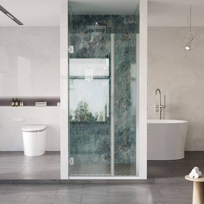 Front. WELLFOR - 34–35 in. W x 72 in. H Frameless Hinged Shower Door with 3/8" Clear Tempered Glass, Reversible Opening - Chrome.