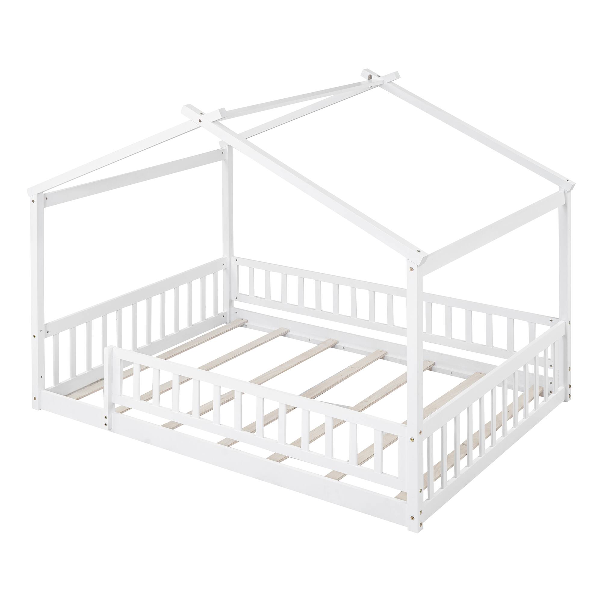 Alt View 4. Whisen - Wood House Bed Frame with Fence for Kids and Teens - White.