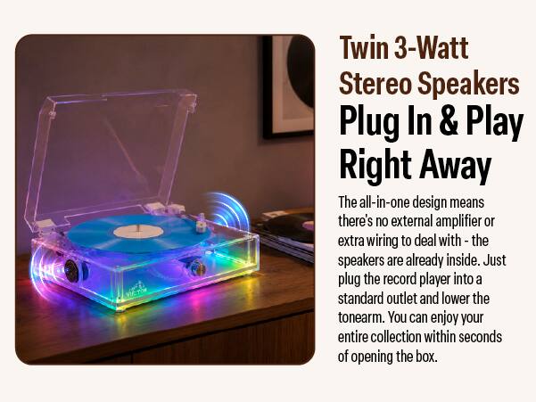 VICTOR

Twin 3-Watt Stereo Speakers Plug In & Play Right Away

The all-in-one design means there's no external amplifier or extra wiring to deal with - the speakers are already inside. Just plug the record player into a standard outlet and lower the tonearm. You can enjoy your entire collection within seconds of opening the box.